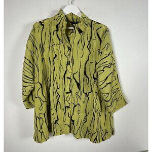 Ali Miles Womens Lime Black Crinkle Textured Button Down Shirt Blouse Top XL